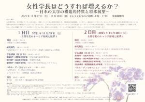 オンラインシンポジウムのご紹介：11月27日・28日「女性学長はどうすれば増えるか？ ー日本の大学の構造的特質と将来展望ー」